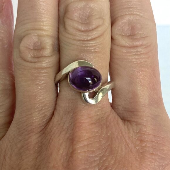 Sterling Silver 925 Oval Bezel Set Amethyst Cabochon Bypass Style Ring Sz 7.75 - Picture 13 of 16